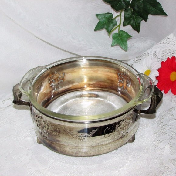 Vintage Silver Plate Casserole Dish Holder Carrier & Fire King Glass Liner - Picture 2 of 10